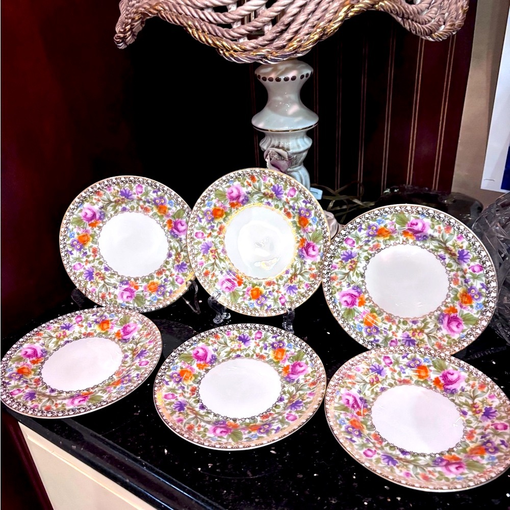Rosenthal Floral Dessert Plates – Set of 5– 7.75” Gold Trim – Vng Elegant Look!